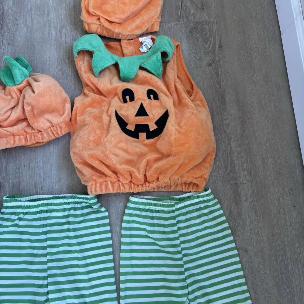 12M Baby Pumpkin Halloween Costume Lot 5pc Set 2 Pants 2 Hats Plush Vest Pumpkin